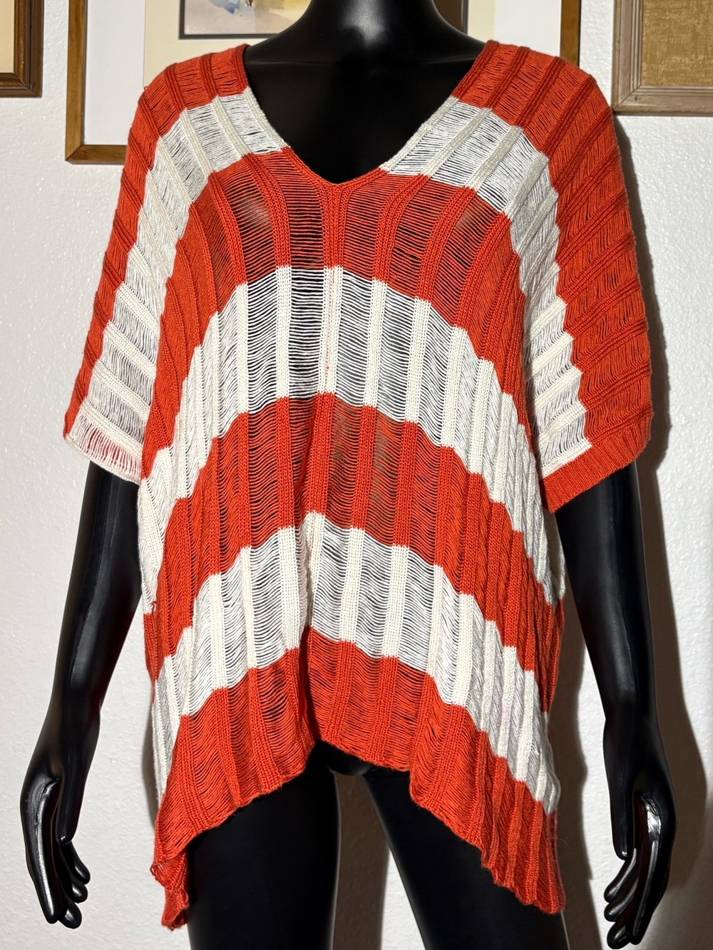 Miracle City orange and white striped open-knit tunic sweater